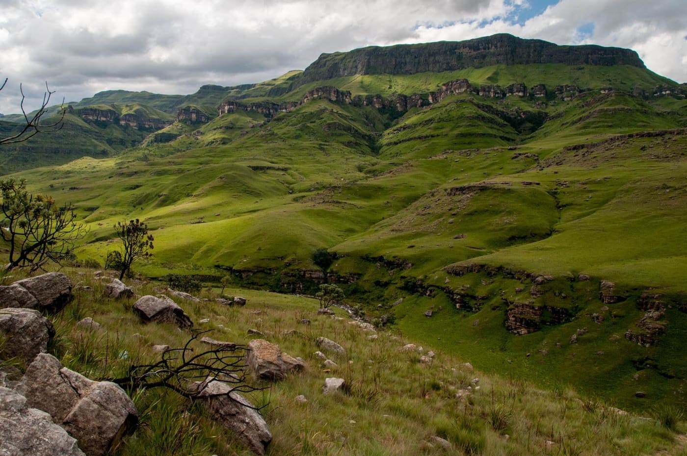 Green foothills rising to the basalt cliffs of the Drakensberg escarpment under a cloudy sky